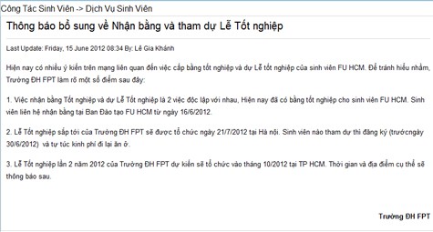 Thông báo bổ sung chính thức về vấn đề tổ chức lễ tốt nghiệp cho sinh viên năm 2012 của ĐH FPT